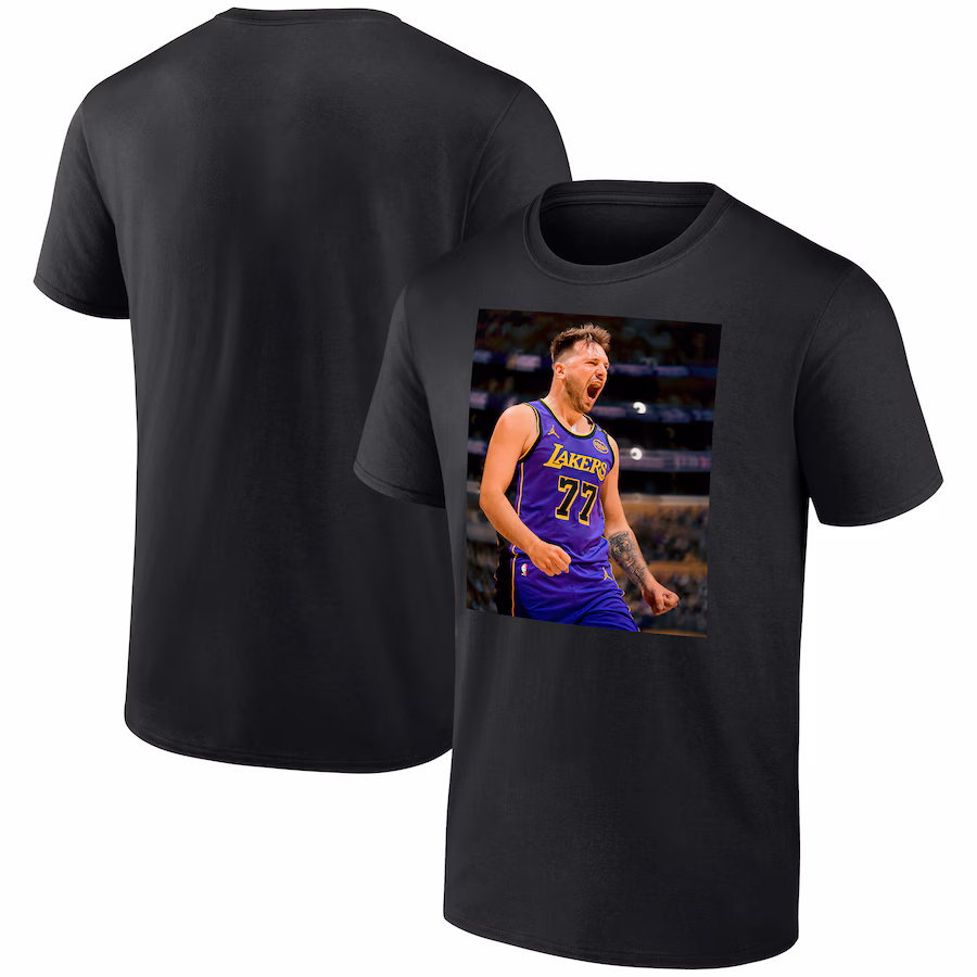 Men's Los Angeles Lakers Luka Dončić Black Game Frames T-Shirt - ujerseystore
