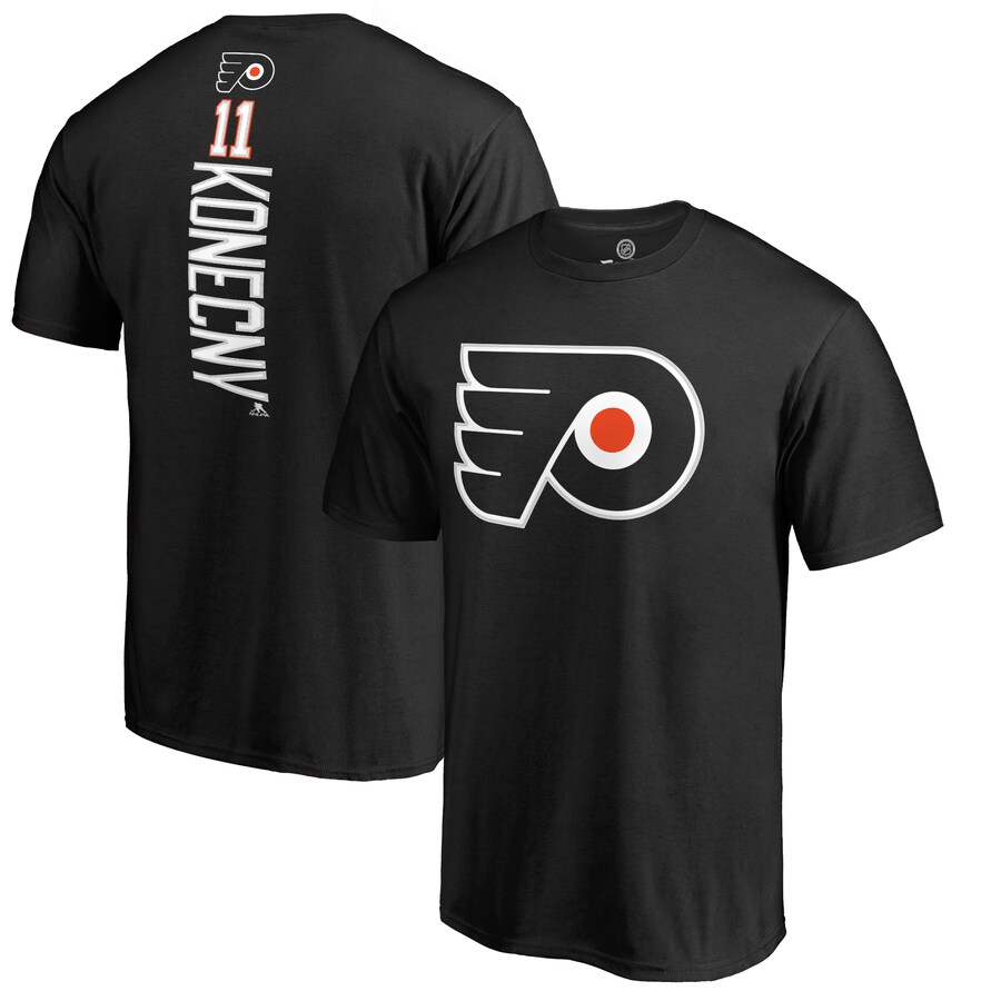 Men's Philadelphia Flyers Travis Konecny Black Team Logo Backer Name & Number T-Shirt - ujerseystore