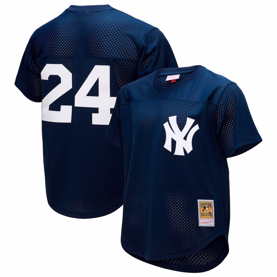 Men's New York Yankees Rickey Henderson Mitchell & Ness Navy Cooperstown Collection Mesh Batting Practice Button-Up Jersey - ujerseystore