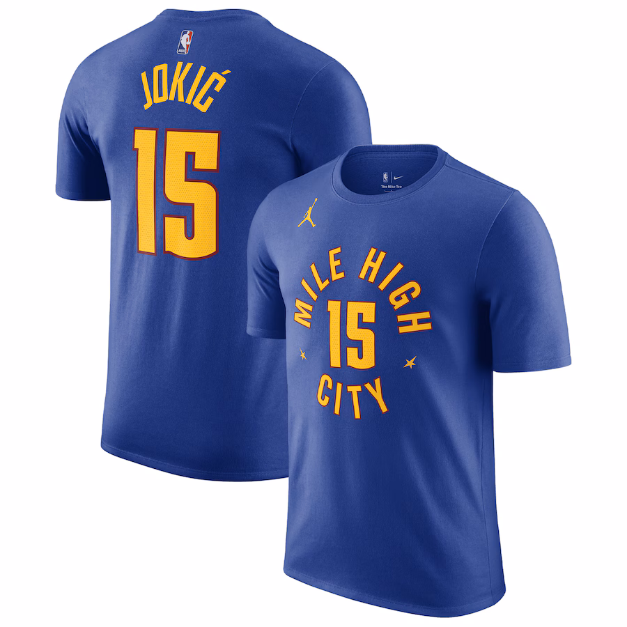 Men's Denver Nuggets Nikola Jokic Jordan Brand Blue 2022/23 Statement Edition Name & Number T-Shirt - ujerseystore