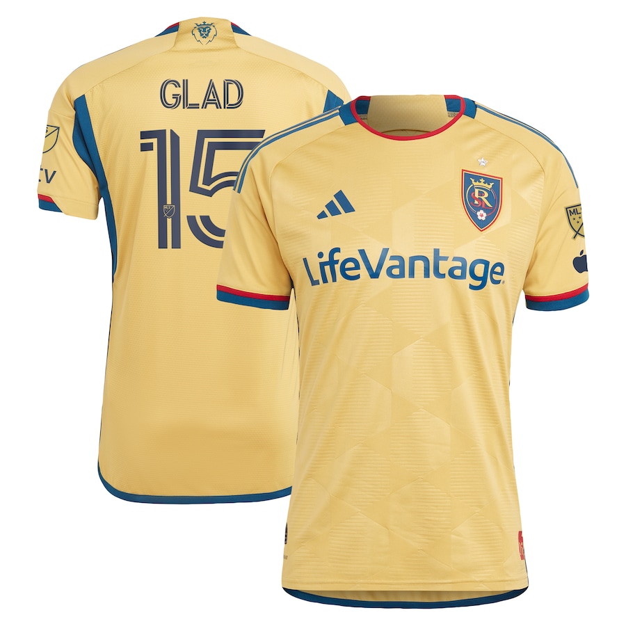 Men's Real Salt Lake Justen Glad adidas Gold 2023 The Beehive State Kit Authentic Player Jersey - ujerseystore