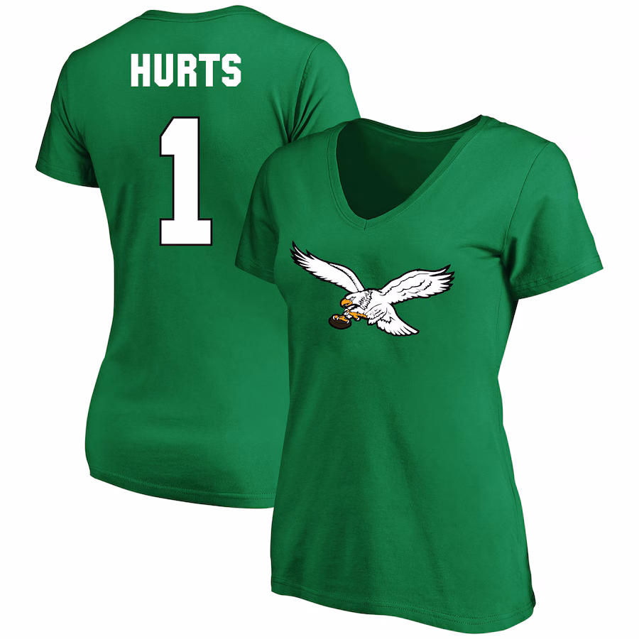 Women's Philadelphia Eagles Jalen Hurts Kelly Green Plus Size Fair Catch Name & Number Scoop Neck T-Shirt - ujerseystore
