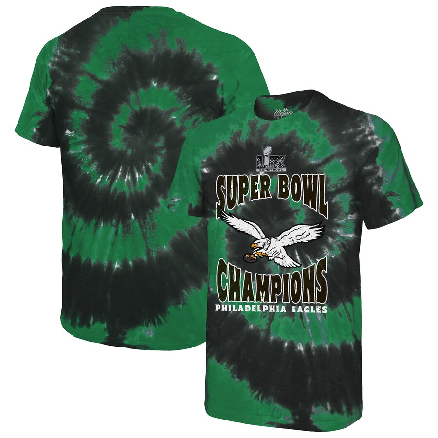 Men's Philadelphia Eagles  Majestic Threads Kelly Green/Black Super Bowl LIX Champions Hard Count Retro Spiral Tie-Dye T-Shirt - ujerseystore