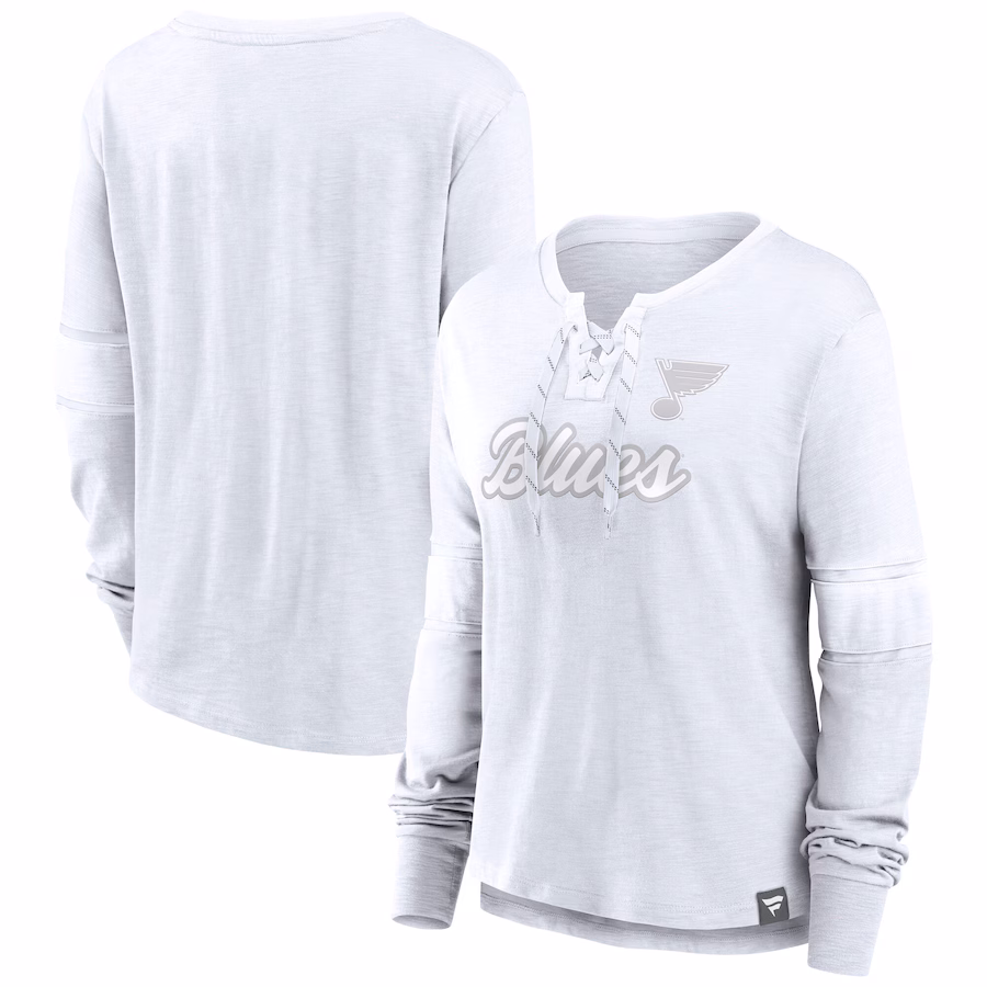 Women's St. Louis Blues Fanatics White Out Lace-Up Fashion Long Sleeve T-Shirt - ujerseystore