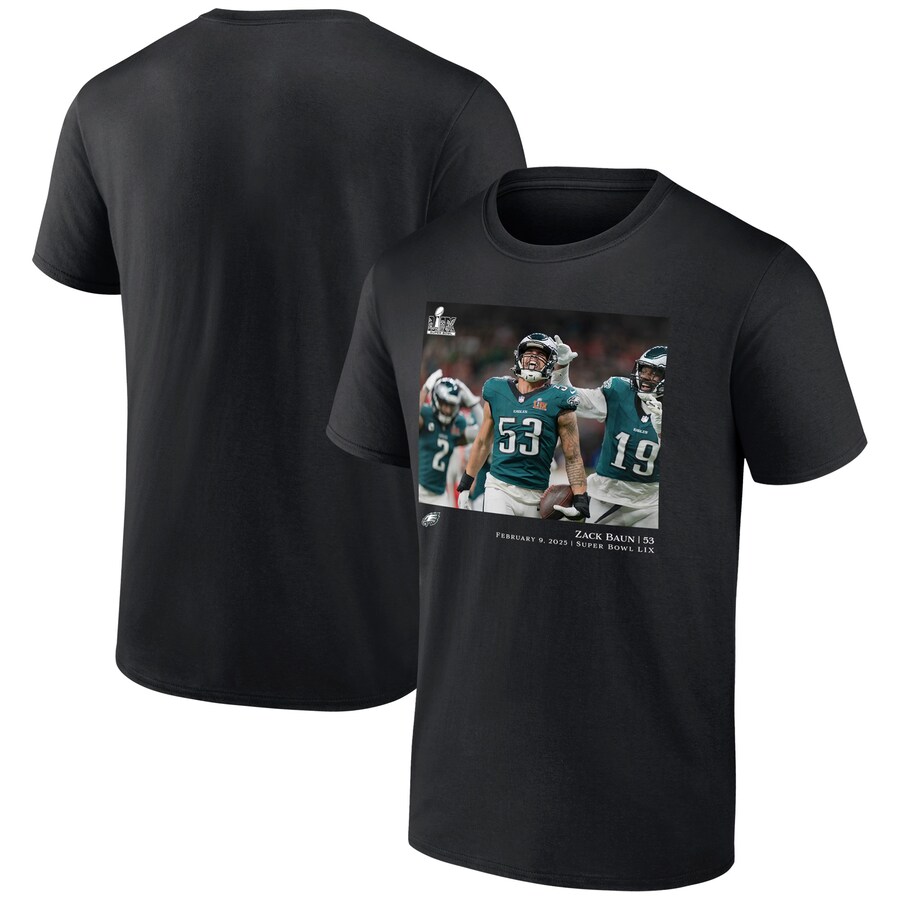 Men's Philadelphia Eagles Zack Baun Black NFL Flash Features Super Bowl LIX Champions T-Shirt - ujerseystore