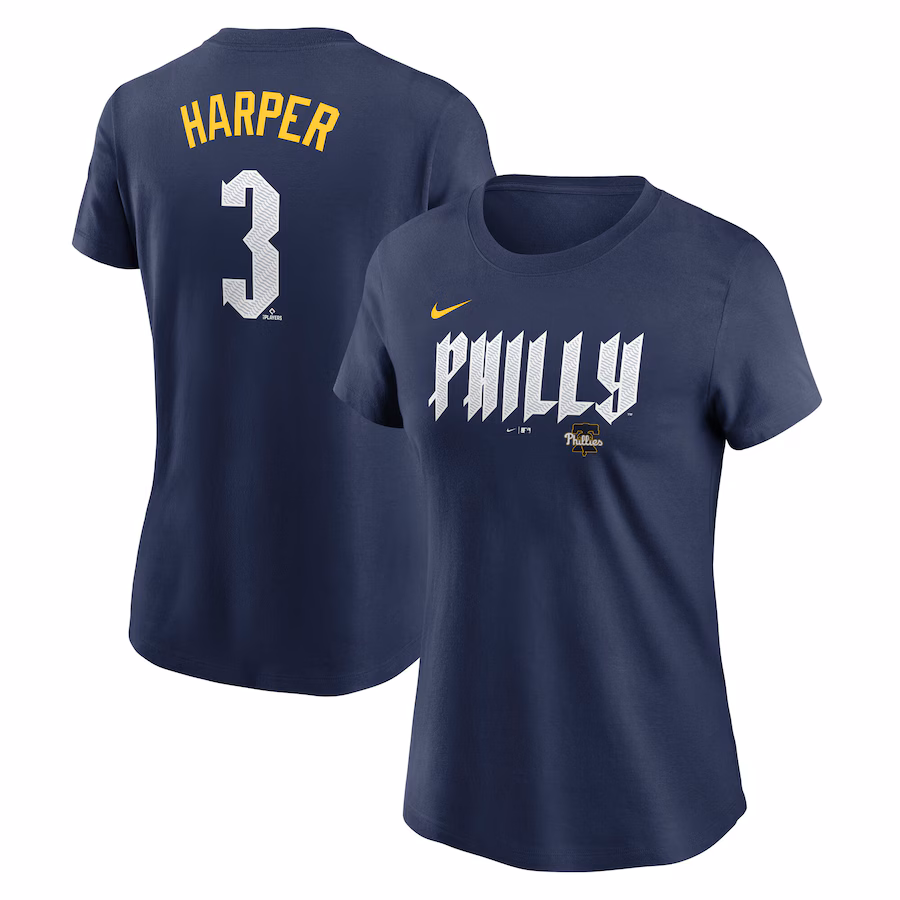 Women's Philadelphia Phillies Bryce Harper Nike Navy 2024 City Connect Fuse Player Name & Number T-Shirt - ujerseystore