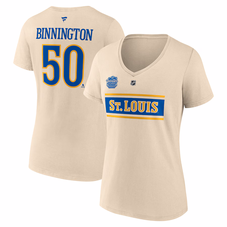 Women's St. Louis Blues Jordan Binnington Fanatics Cream 2025 NHL Winter Classic Authentic Stack Name & Number V-Neck T-Shirt - ujerseystore
