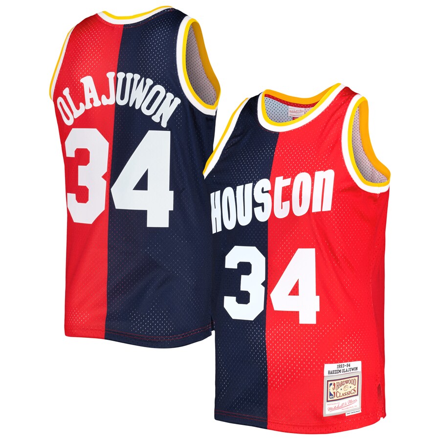 Men's Houston Rockets Hakeem Olajuwon Mitchell & Ness Navy/Red Hardwood Classics 1993/94 Split Swingman Jersey - ujerseystore