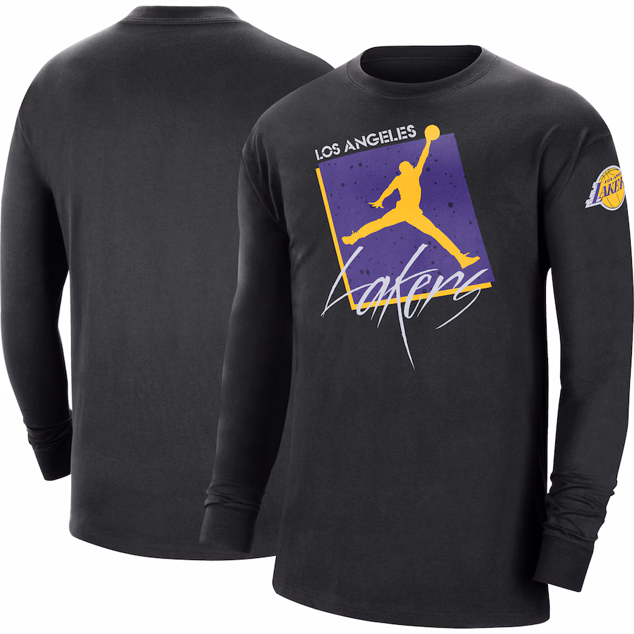 Men's Los Angeles Lakers Jordan Brand Black Courtside Max 90 Vintage Wash Statement Edition Long Sleeve T-Shirt - ujerseystore