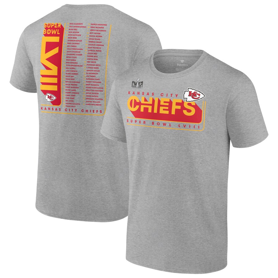 Men's Kansas City Chiefs Fanatics Heather Gray Super Bowl LVIII Team Members Roster T-Shirt - ujerseystore