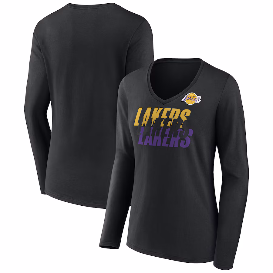 Women's Los Angeles Lakers Black Tumble V-Neck Long Sleeve T-Shirt - ujerseystore