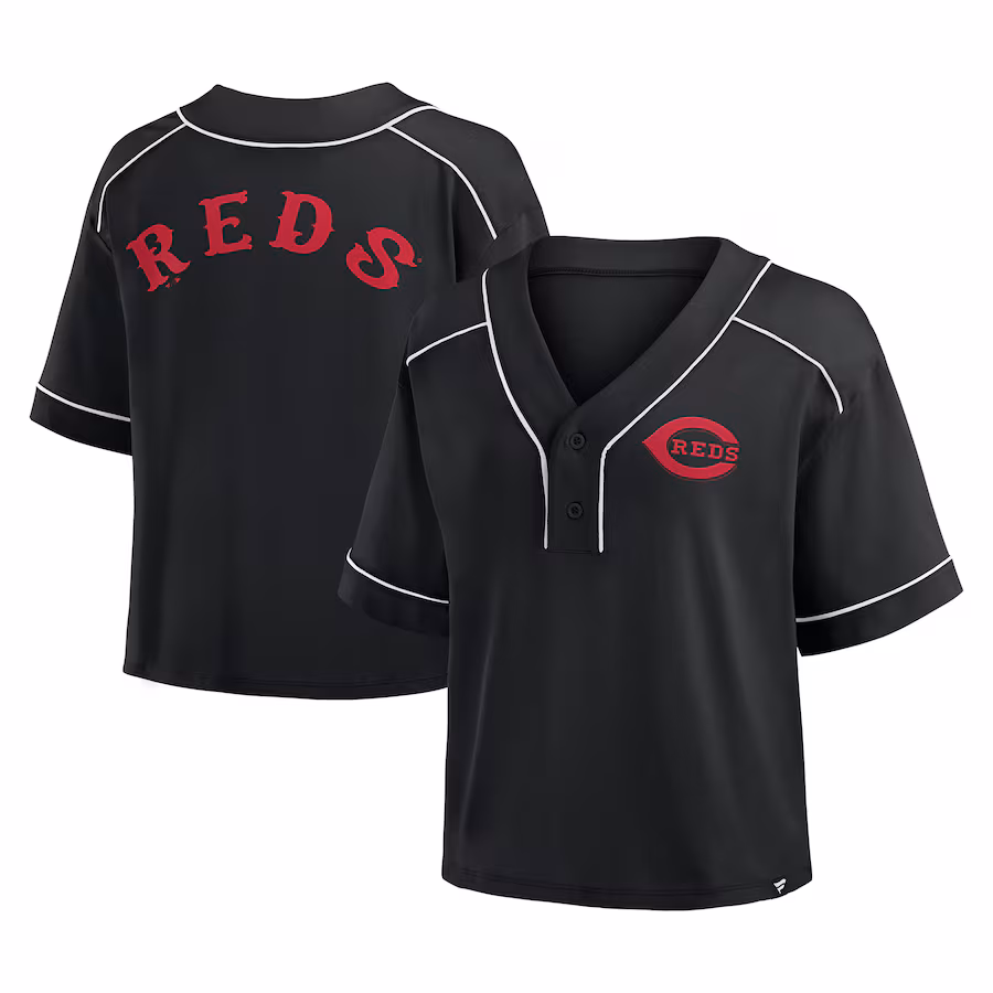 Women's Cincinnati Reds Fanatics Black Oversized Champ Game Cropped V-Neck T-Shirt - ujerseystore