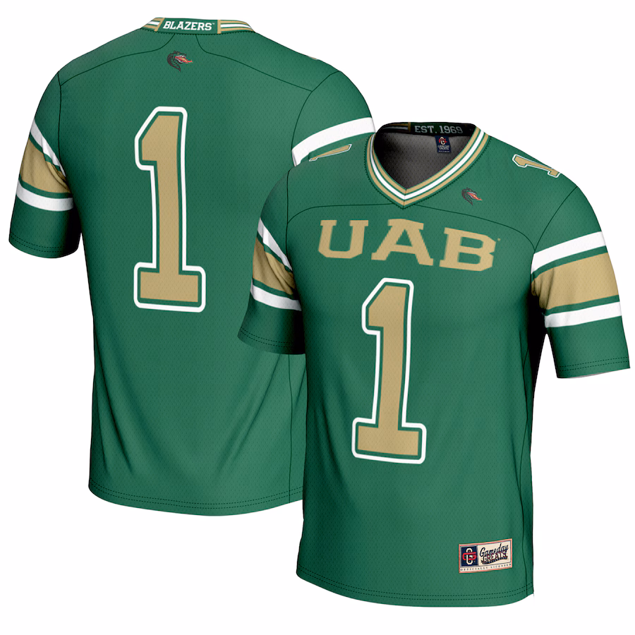 Youth GameDay Greats #1 Green UAB Blazers Endzone Football Jersey - ujerseystore