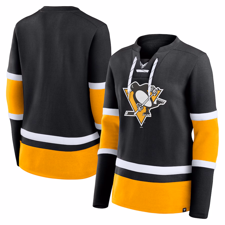 Women's Pittsburgh Penguins Fanatics Black Prime Time Lace-Up Long Sleeve T-Shirt - ujerseystore