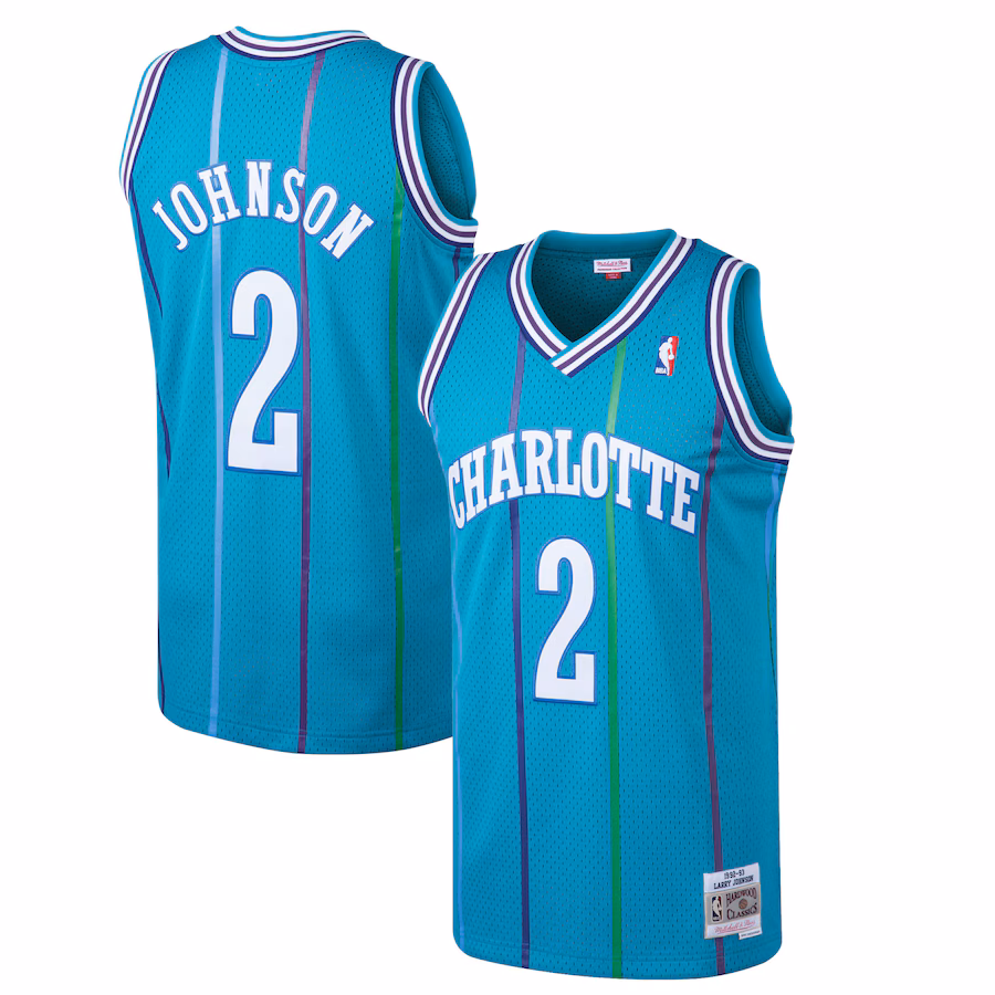 Men's Charlotte Hornets Larry Johnson Mitchell & Ness Teal 1992/93 Hardwood Classics Swingman Jersey - ujerseystore