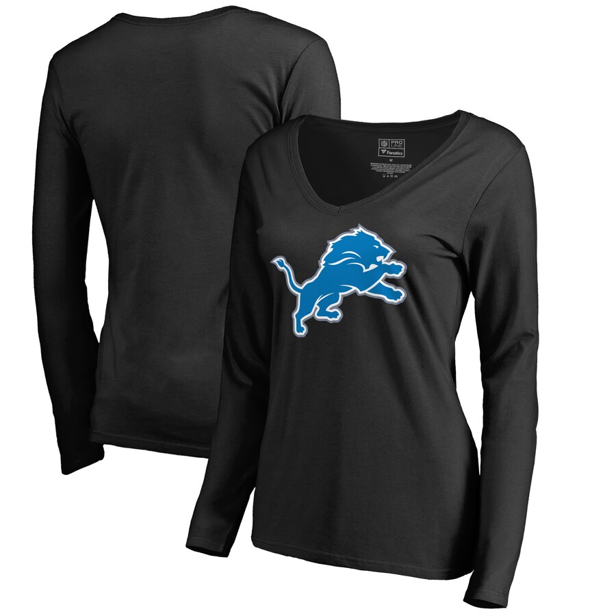 Women's Detroit Lions Black Primary Logo 2 V-Neck Long Sleeve T-Shirt - ujerseystore