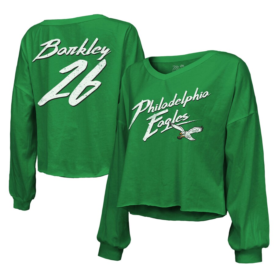 Women's Philadelphia Eagles Saquon Barkley Majestic Threads Kelly Green Name & Number Off-Shoulder Script Cropped Long Sleeve V-Neck T-Shirt - ujerseystore