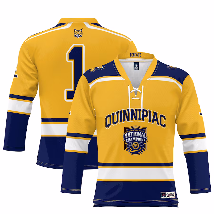 #1 Quinnipiac Bobcats GameDay Greats Youth 2023 NCAA Men's Ice Hockey National Champions Hockey Jersey - Gold - ujerseystore