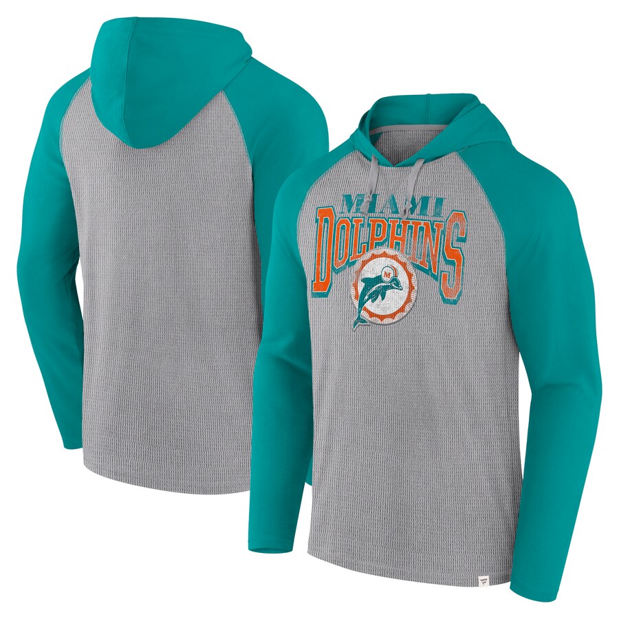 Men's Miami Dolphins Fanatics Gray/Aqua Under Center Long Sleeve Hoodie T-Shirt - ujerseystore