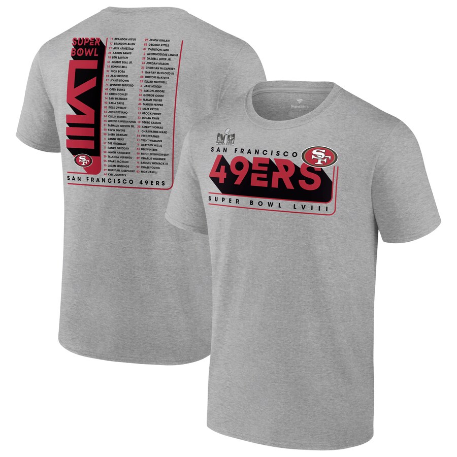 Men's San Francisco 49ers Fanatics Heather Gray Super Bowl LVIII Team Members Roster T-Shirt - ujerseystore