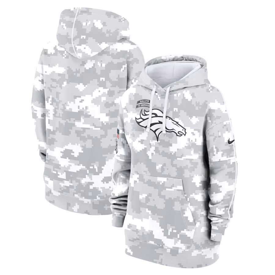 Women's Denver Broncos Nike Arctic Camo 2024 Salute To Service Club Fleece Pullover Hoodie - ujerseystore