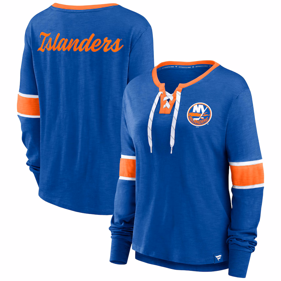 Women's New York Islanders Fanatics Royal Effervescent Exclusive Lace-Up Long Sleeve T-Shirt - ujerseystore