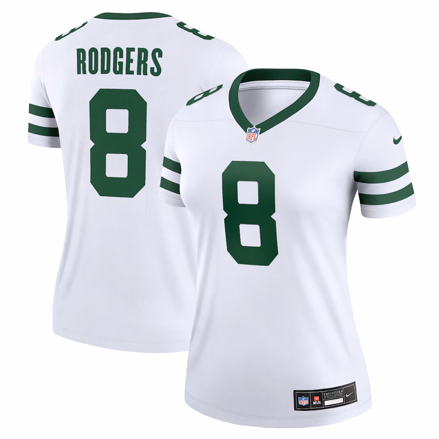 Women's New York Jets Aaron Rodgers Nike Legacy White Legend Player Performance Top - ujerseystore