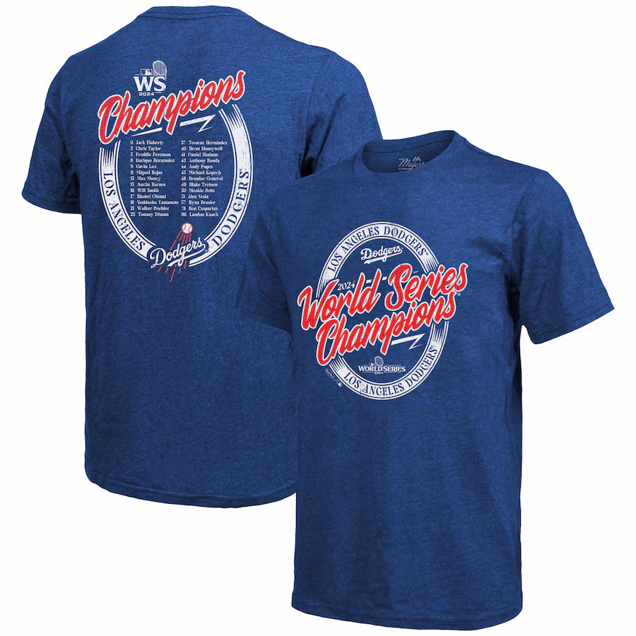 Men's Los Angeles Dodgers Majestic Threads Royal 2024 World Series Champions Tri-Blend Roster T-Shirt - ujerseystore