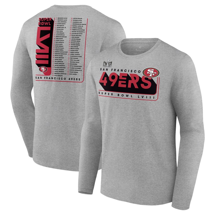 Men's San Francisco 49ers Fanatics Heather Charcoal Super Bowl LVIII Roster Long Sleeve T-Shirt - ujerseystore