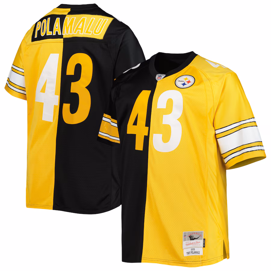Men's Pittsburgh Steelers Troy Polamalu Mitchell & Ness Black/Gold Big & Tall Split Legacy Retired Player Replica Jersey - ujerseystore