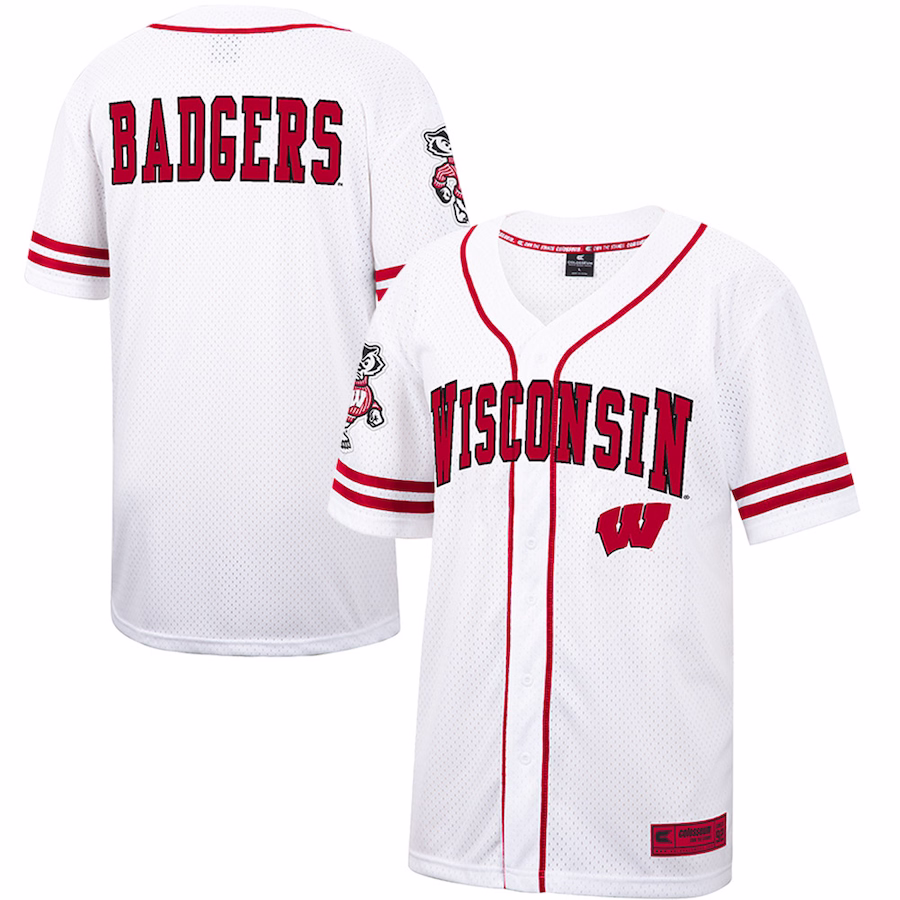 Wisconsin Badgers Colosseum Free Spirited Mesh Button-Up Baseball Jersey - White - ujerseystore