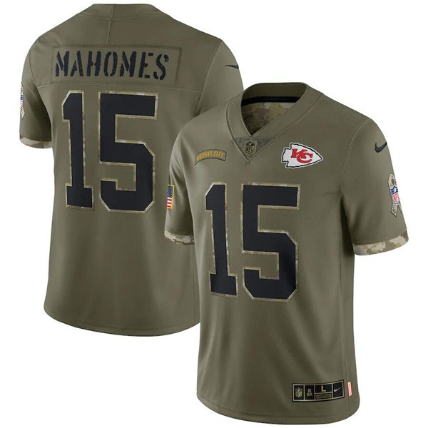 Men's Kansas City Chiefs #15 Patrick Mahomes 2022 Olive Salute To Service Limited Stitched Jersey - ujerseystore