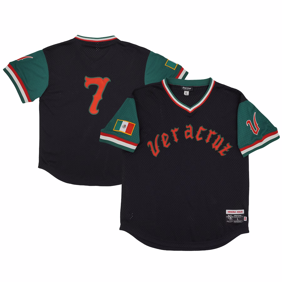 Men's Azules de Veracruz #7 Rings & Crwns Black/Green Mesh Replica V-Neck Jersey - ujerseystore