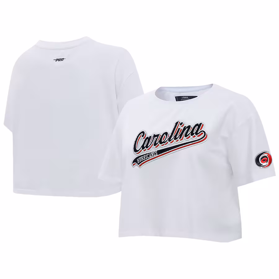 Women's Carolina Hurricanes Pro Standard White Boxy Script Tail Cropped T-Shirt - ujerseystore