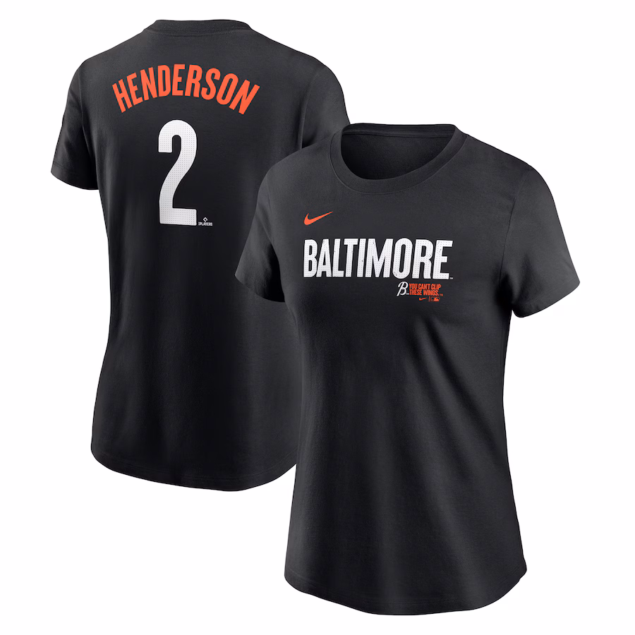 Women's Baltimore Orioles Gunnar Henderson Nike Black 2024 City Connect Fuse Player Name & Number T-Shirt - ujerseystore