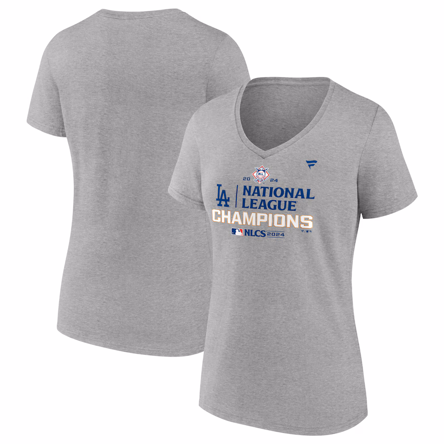 Women's Los Angeles Dodgers Fanatics Heather Gray 2024 National League Champions Locker Room V-Neck T-Shirt - ujerseystore