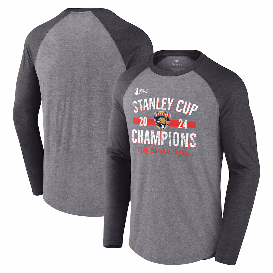 Men's Florida Panthers Fanatics Heather Gray 2024 Stanley Cup Champions Throwback Tri-Blend Raglan Long Sleeve T-Shirt - ujerseystore