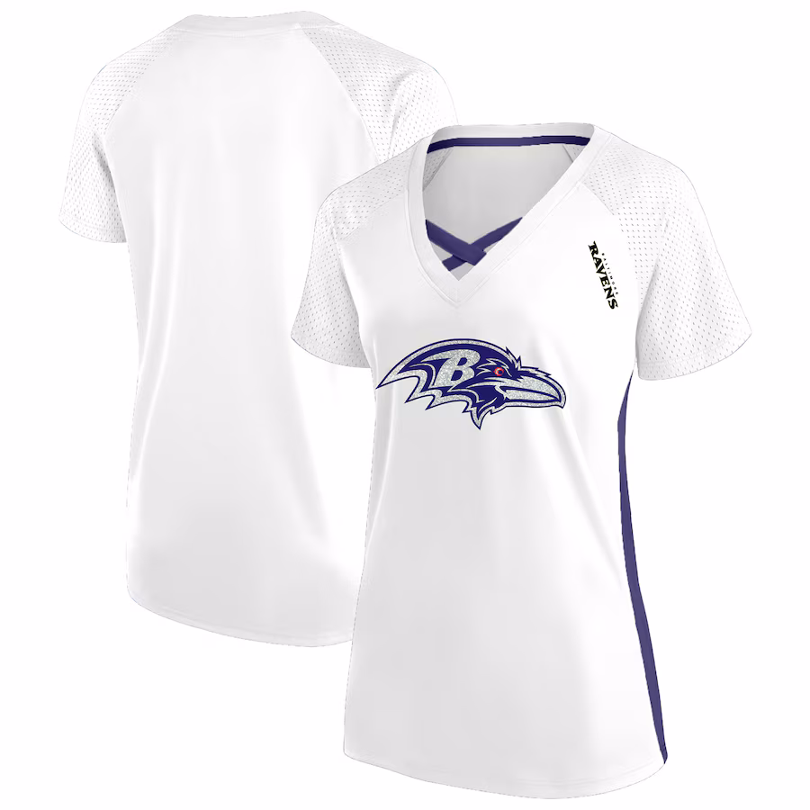 Women's Baltimore Ravens Fanatics White Plus Size Glitter Lace-Up V- Neck T-Shirt - ujerseystore