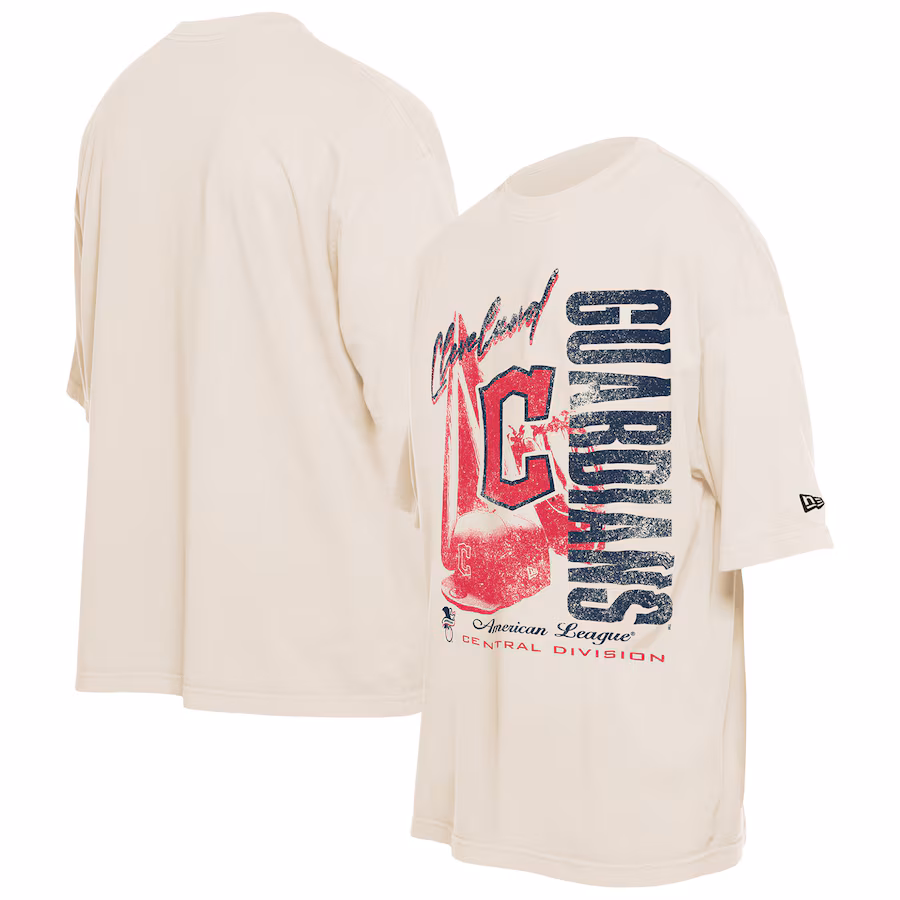 Men's Cleveland Guardians New Era Cream Cooperstown Collection Oversized Throwback Distressed T-Shirt - ujerseystore