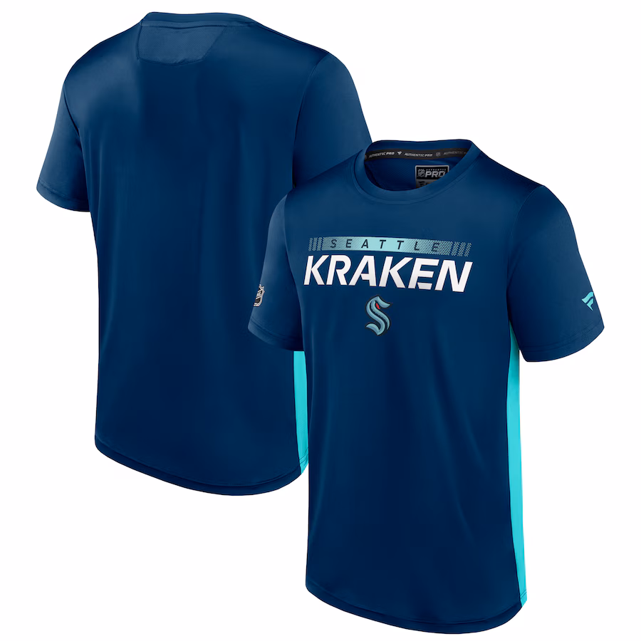 Men's Seattle Kraken Fanatics Deep Sea Blue/Light Blue Authentic Pro Rink Tech T-Shirt - ujerseystore