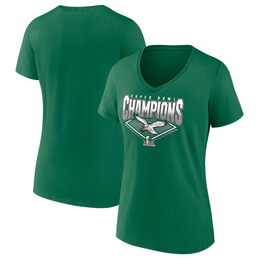 Women's Philadelphia Eagles  Fanatics Kelly Green Super Bowl LIX Champions Retro Diamond V-Neck T-Shirt - ujerseystore