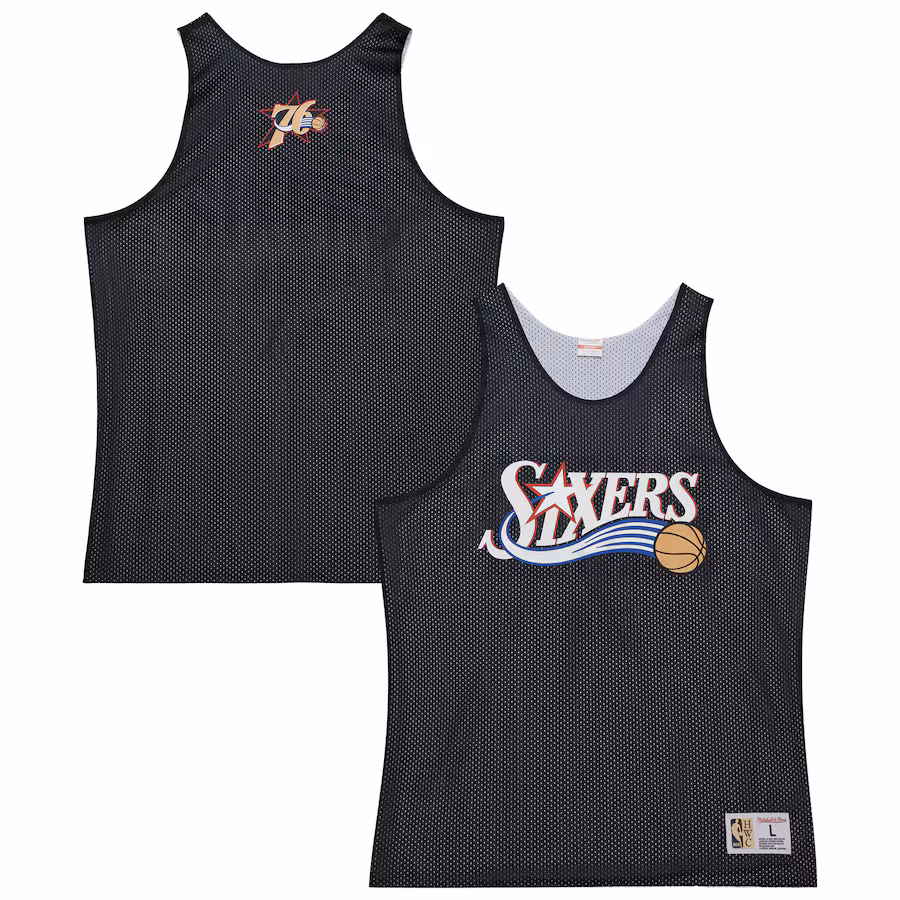 Men's Philadelphia 76ers Mitchell & Ness Black/White Hardwood Classics Reversible Mesh Practice Jersey - ujerseystore