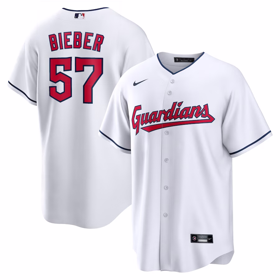 Men's Cleveland Guardians Shane Bieber Nike White Replica Player Jersey - ujerseystore