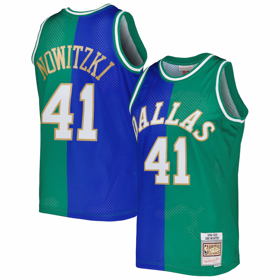 Men's Dallas Mavericks Dirk Nowitzki Mitchell & Ness Blue/Green Hardwood Classics 1998/2019 Split Swingman Jersey - ujerseystore