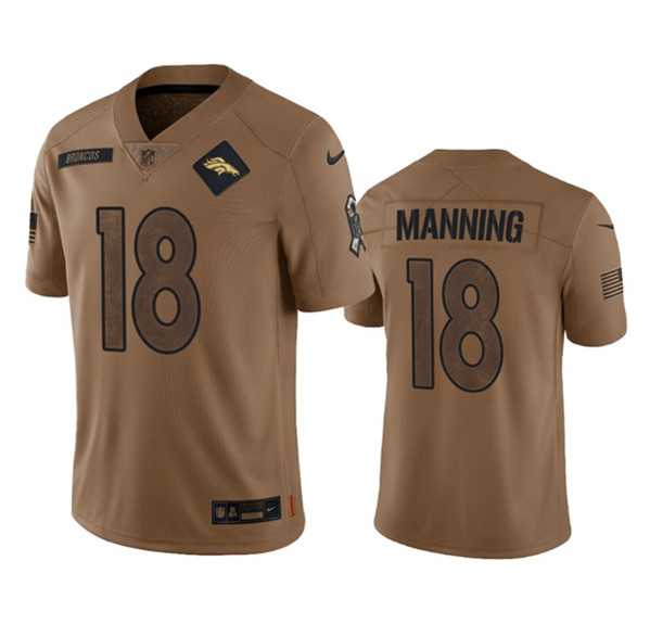 Men's Denver Broncos #18 Peyton Manning 2023 Brown Salute To Service Limited Football Stitched Jersey - ujerseystore