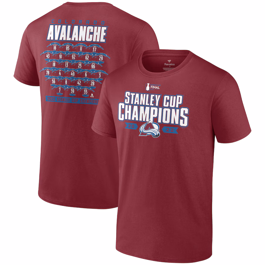 Men's Colorado Avalanche Fanatics Burgundy 2022 Stanley Cup Champions Jersey Roster T-Shirt - ujerseystore