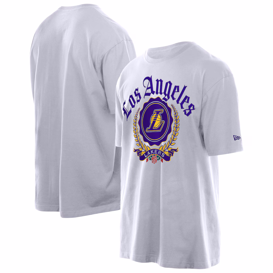 Men's Los Angeles Lakers New Era White Throwback Prep Oversized T-Shirt - ujerseystore