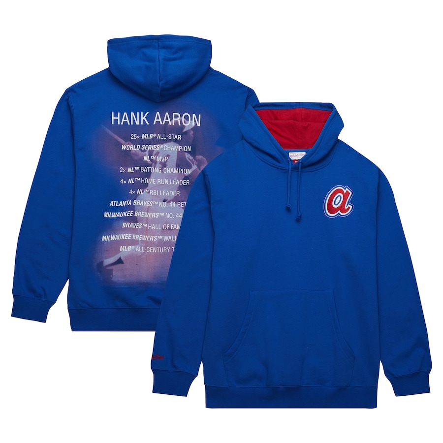 Men's Atlanta Braves Hank Aaron Mitchell & Ness Royal Vintage Logo Name & Number Pullover Hoodie - ujerseystore