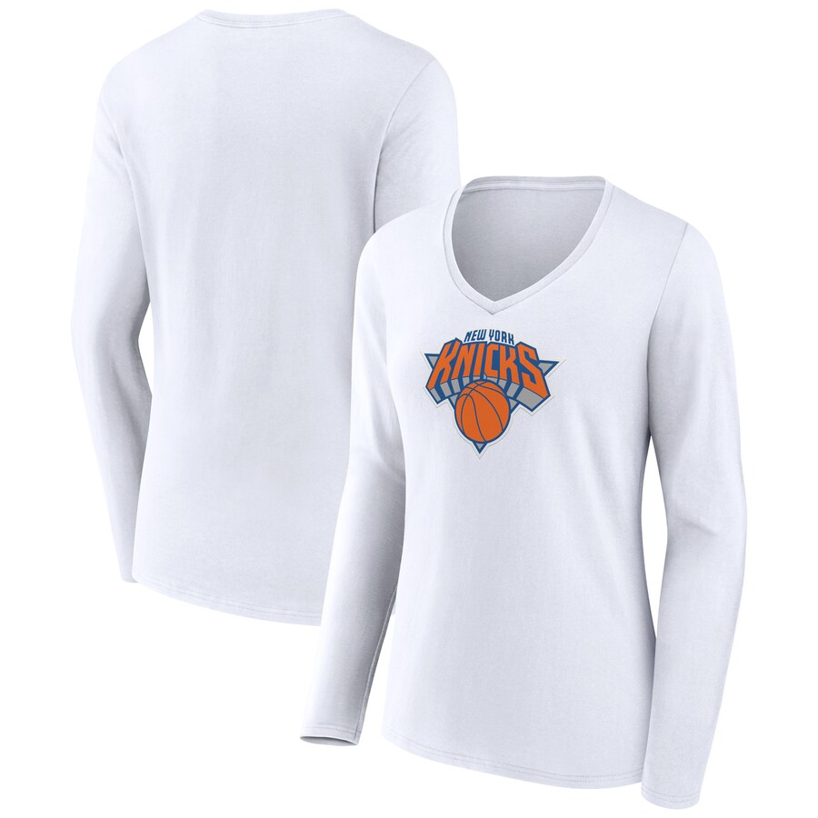 Women's New York Knicks White Logo Long Sleeve V-Neck T-Shirt - ujerseystore