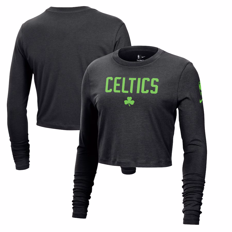Women's Boston Celtics Nike Black 2024/25 City Edition Essential Logo Slim Fit Long Sleeve Cropped T-Shirt - ujerseystore